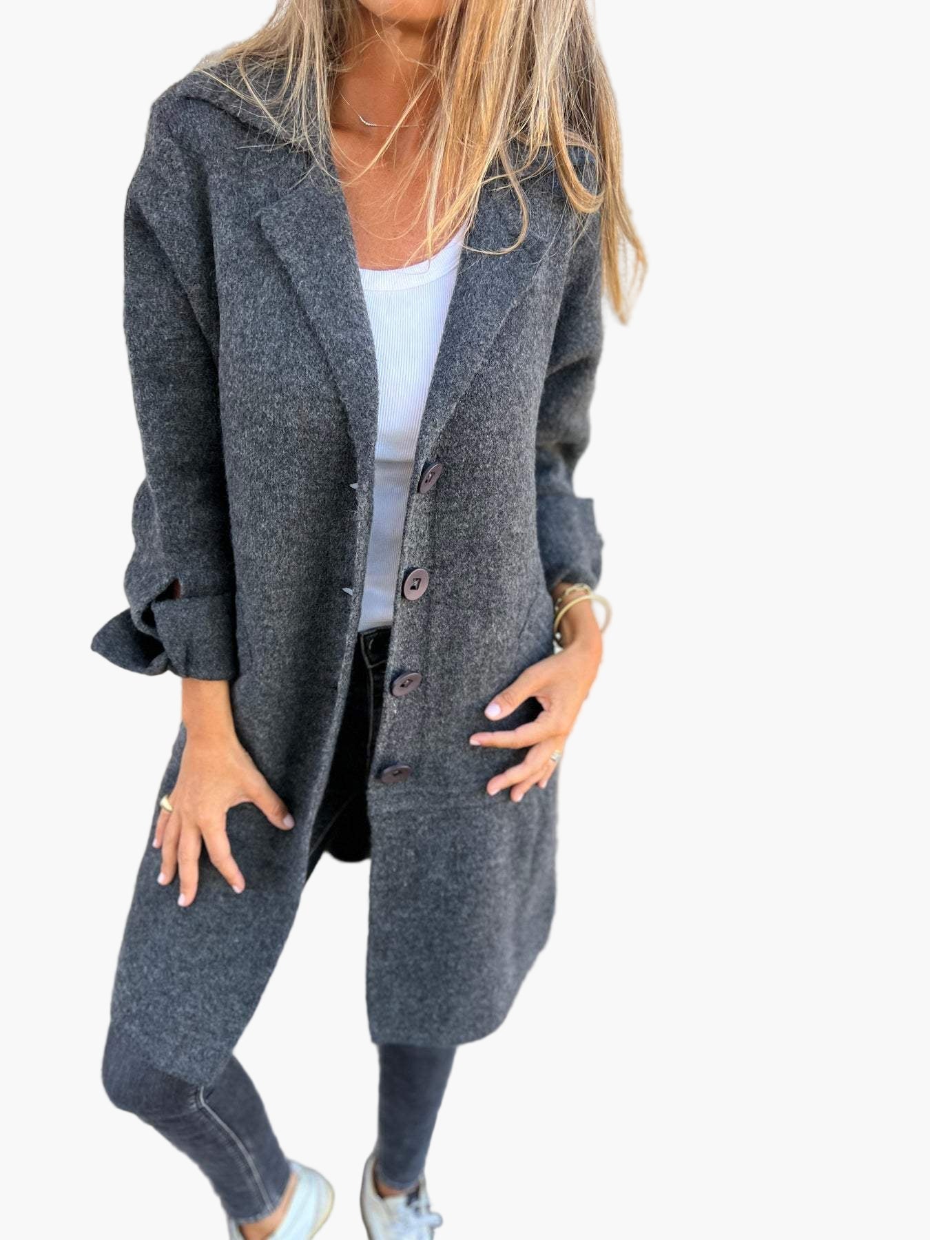 Damen Mantel Relaxed Fit Button Front