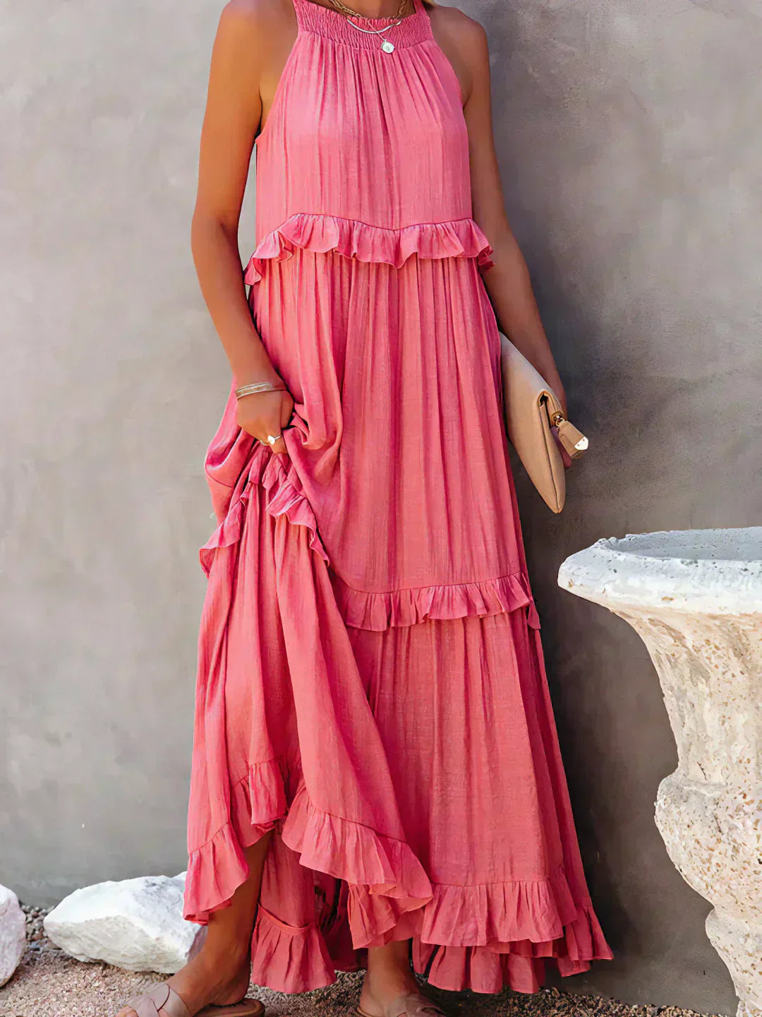 Damen Maxikleid Volants Neckholder Ausschnitt Sommerlich Feminin