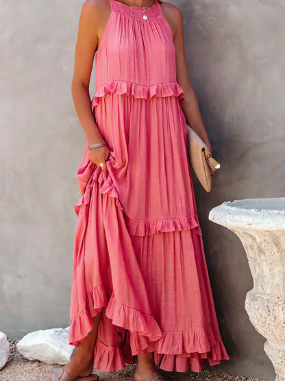 Damen Maxikleid Volants Neckholder Ausschnitt Sommerlich Feminin
