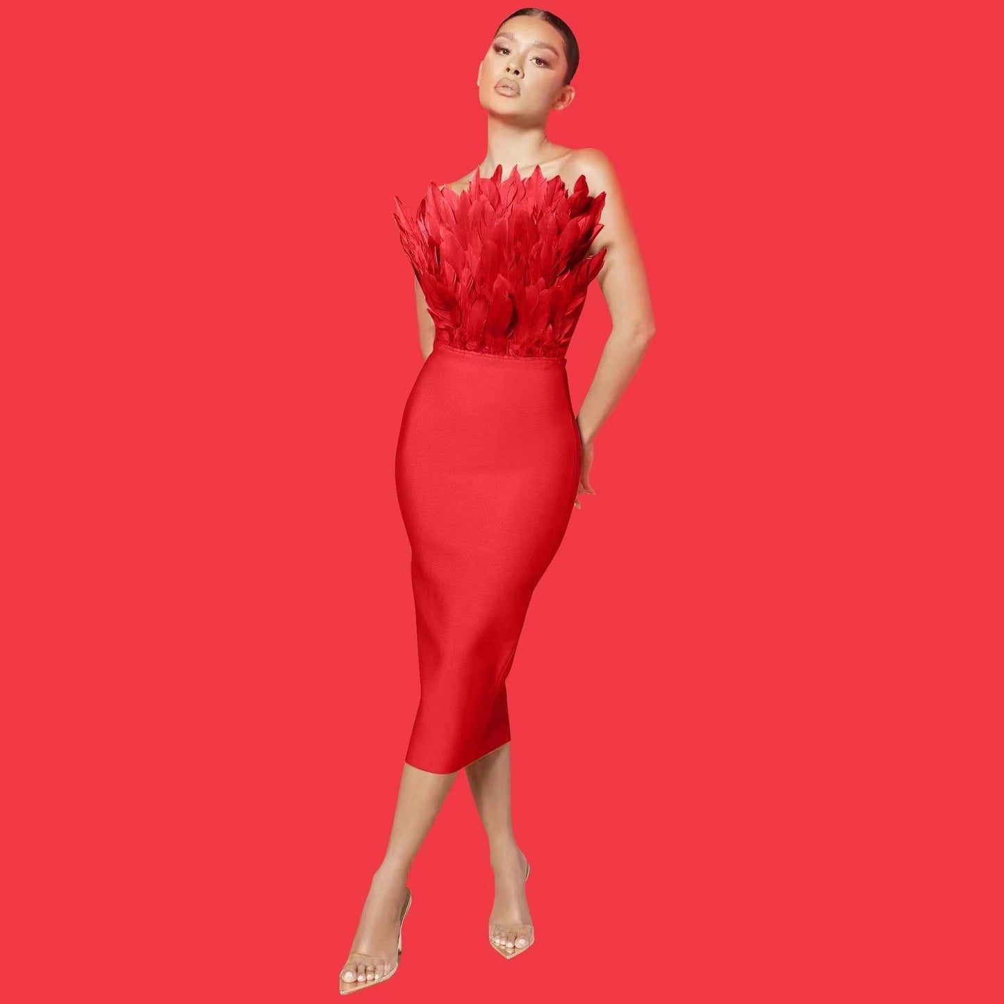 Norvielle Damen Tube--Kleid Federbesatz Elegantes Kleid