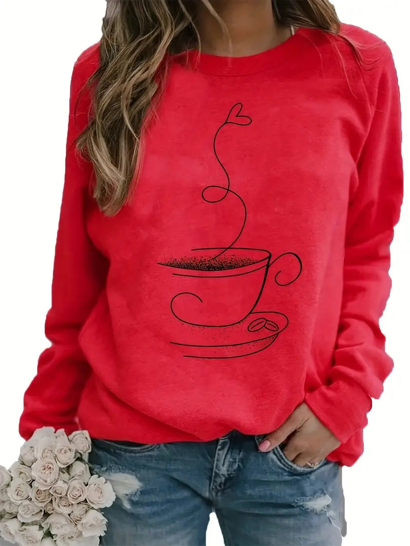 Norvielle Damen Sweatshirt Kaffee Grafik Baumwolle Beige