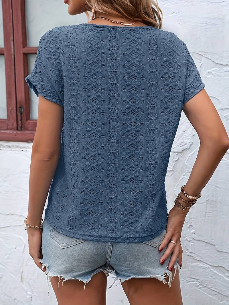 Norvielle Damen T-Shirt Eingekerbter Ausschnitt Lochstickerei - Norvielle