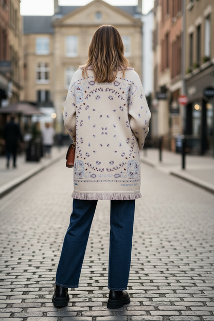 Damen Bandana Cardigan Mit Fransen Muster Warm