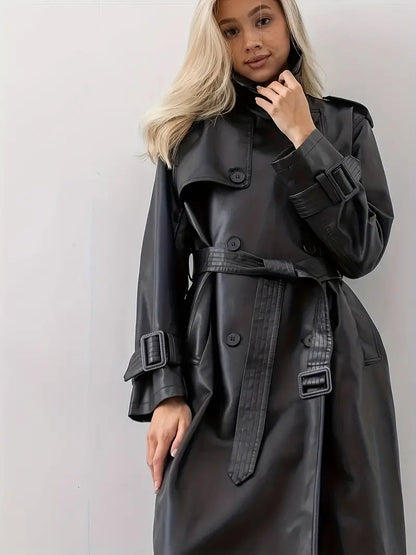 Damen Trenchcoat Langer Gürtetragender Kunstleder