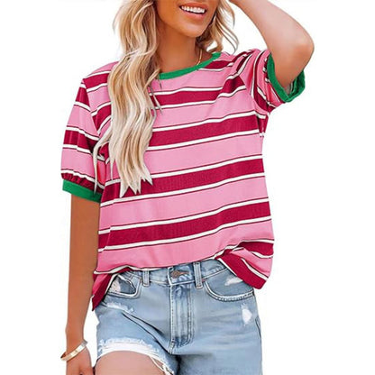 Damen Gestreiftes T-Shirt Rundhalsausschnitt Baumwolle