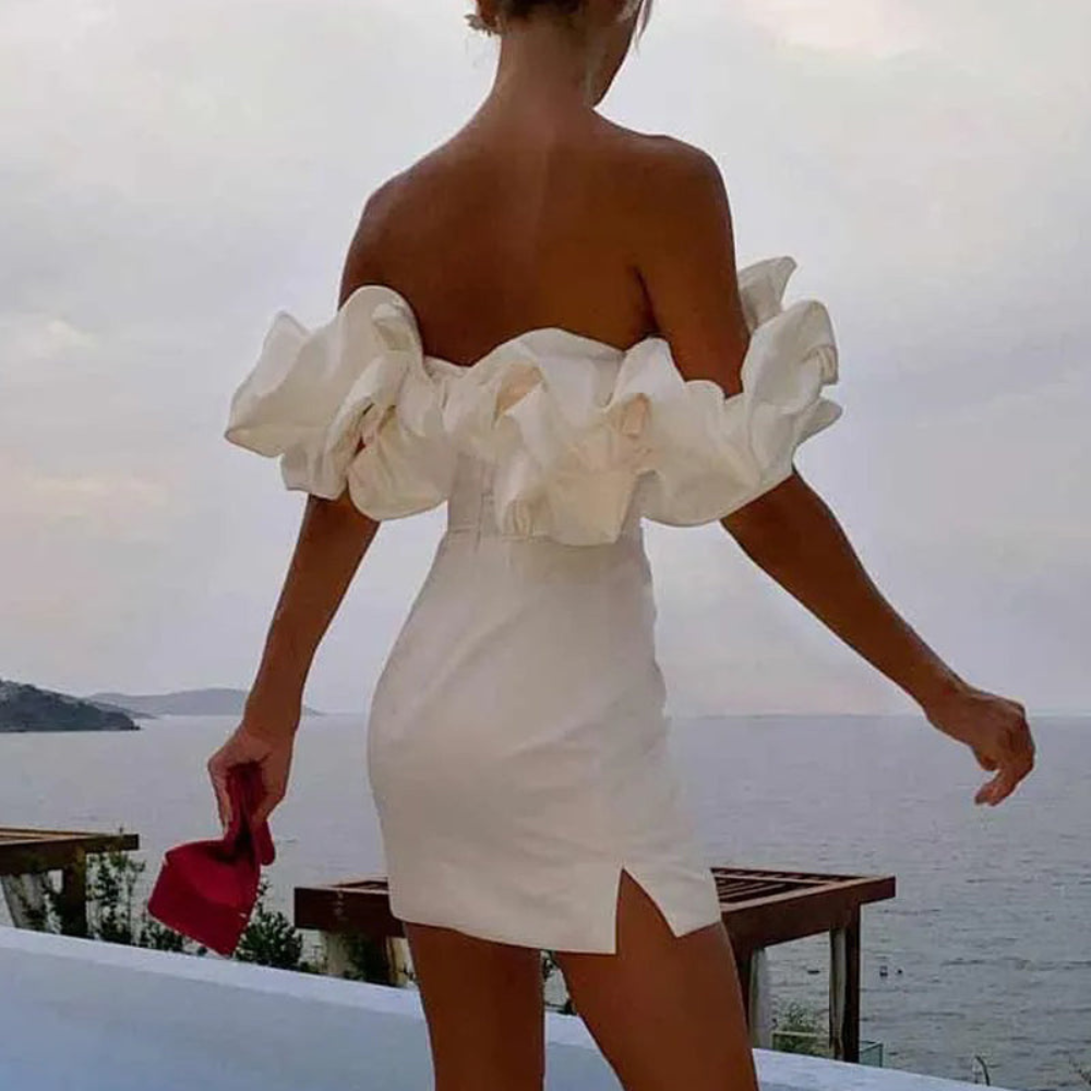 Damen Rüschenkleid Mini Hochzeitsgastkleid