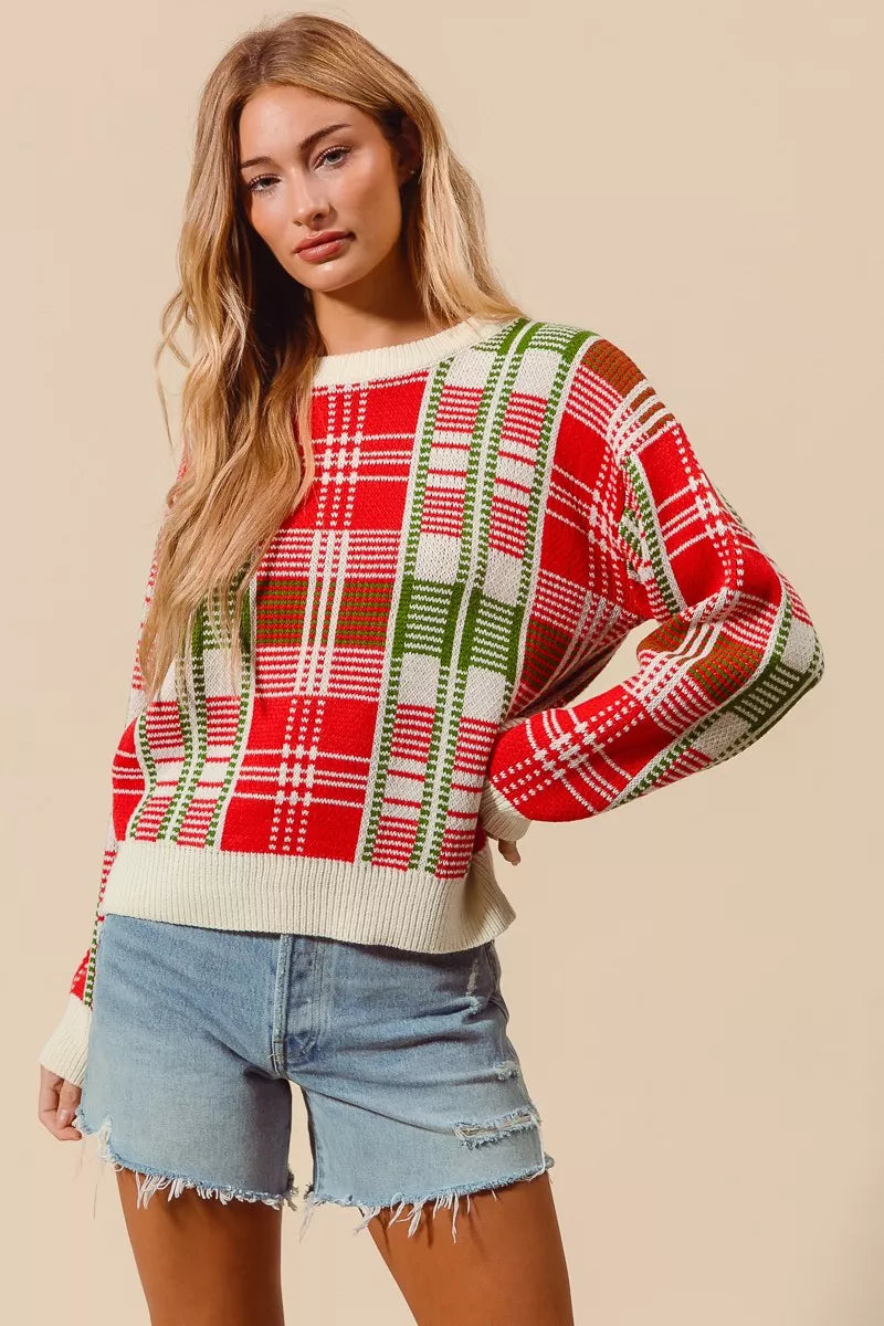 Weihnachtspullover Damen Karierter Rot Grün Rundhals