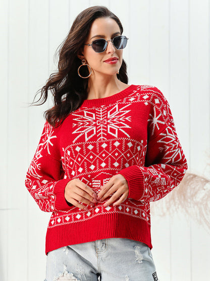 Damen Weihnachtspullover Rundhals Rot Schneemuster