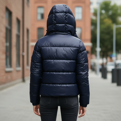 Rückansicht der Nuvessa Winterjacke – gesteppter Look mit Kapuze