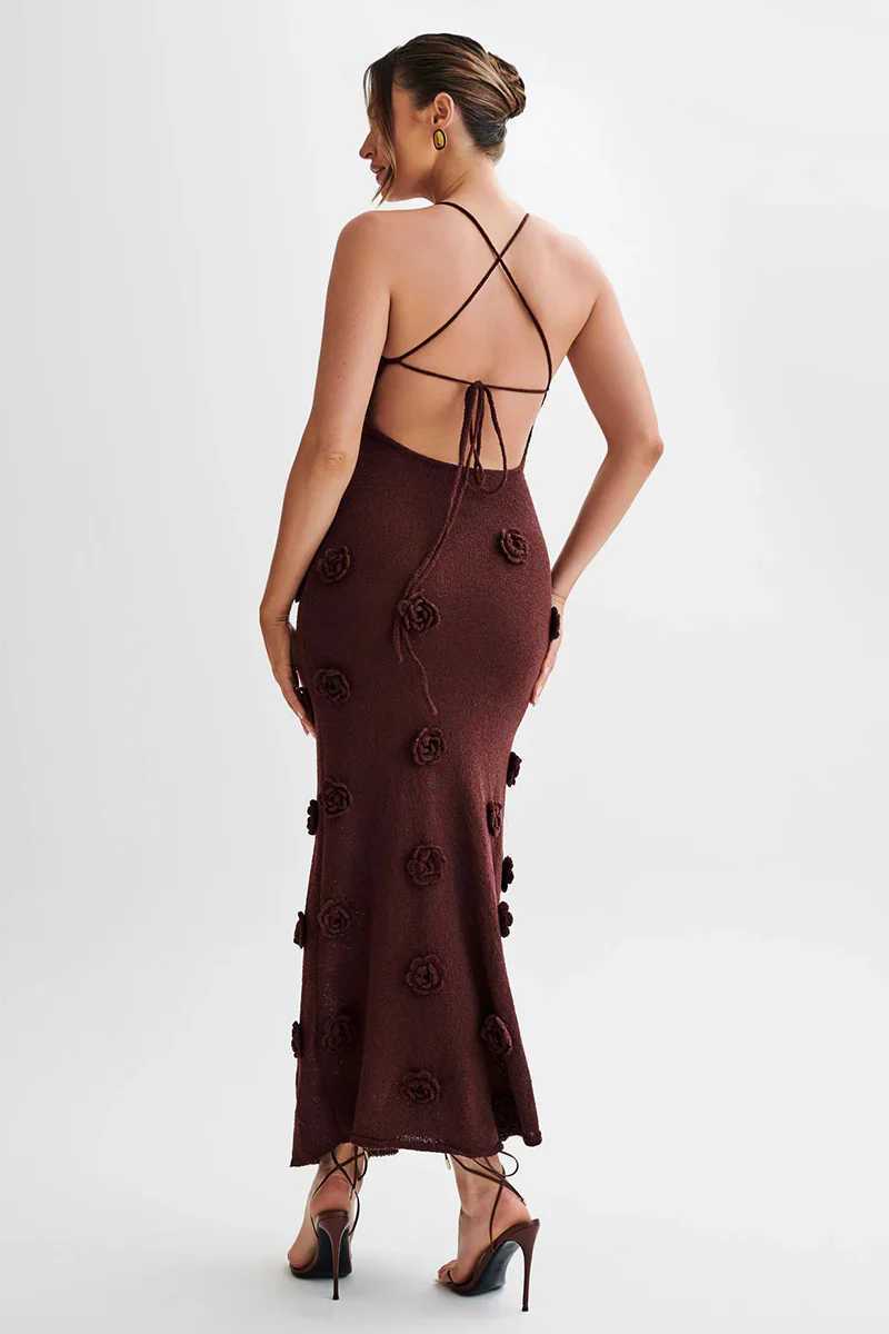 Damen Maxikleid Spaghettiträger 3D Blumenapplikation