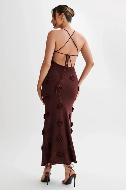 Damen Maxikleid Spaghettiträger 3D Blumenapplikation