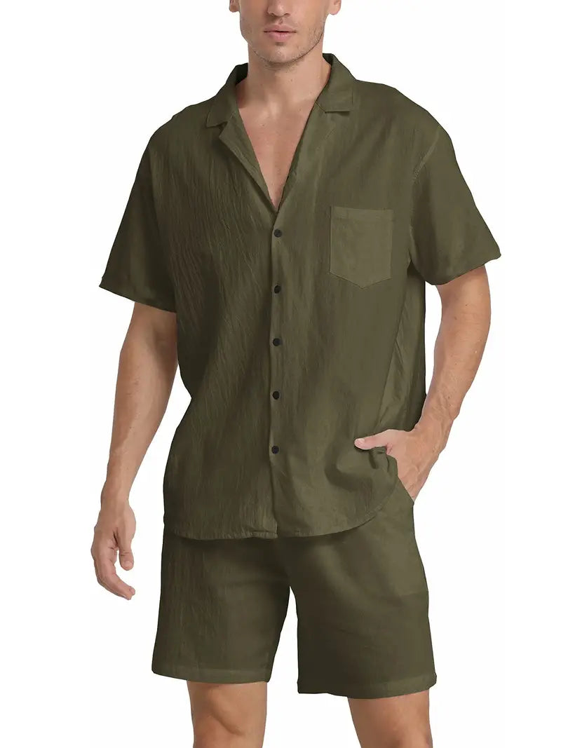 Herren Kurzarm-Hemd Shorts Set Baumwolle Sommerweiß