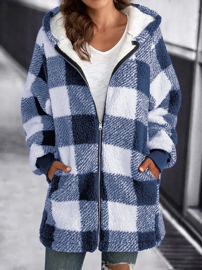 Damen Karierte Fleece Kapuzenjacke Weich Schwarzweiß - Norvielle