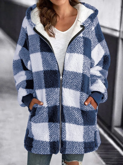 Damen Karierte Fleece Kapuzenjacke Weich Schwarzweiß - Norvielle