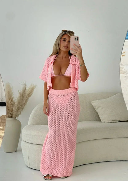 Häkelstrick Set Damen Maxi Rock Kurzarm Cardigan Zweiteiler