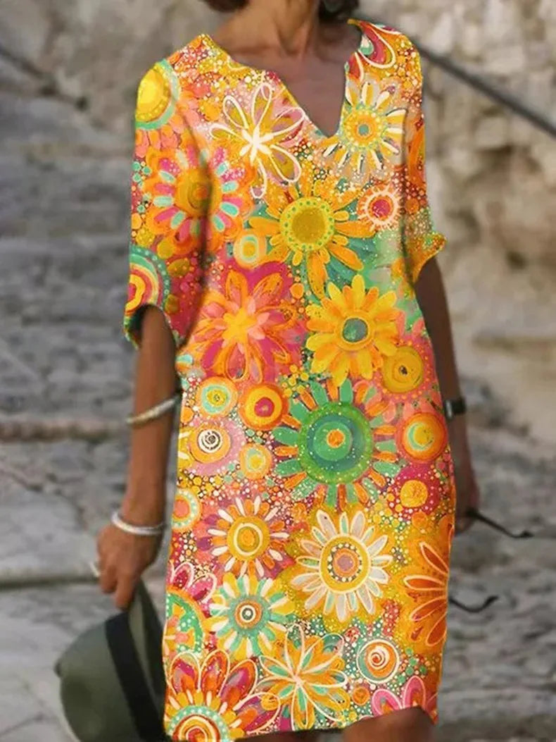Damen Sommerkleid V-Ausschnitt Sonnenblumen-Print Bequem Leicht - Norvielle
