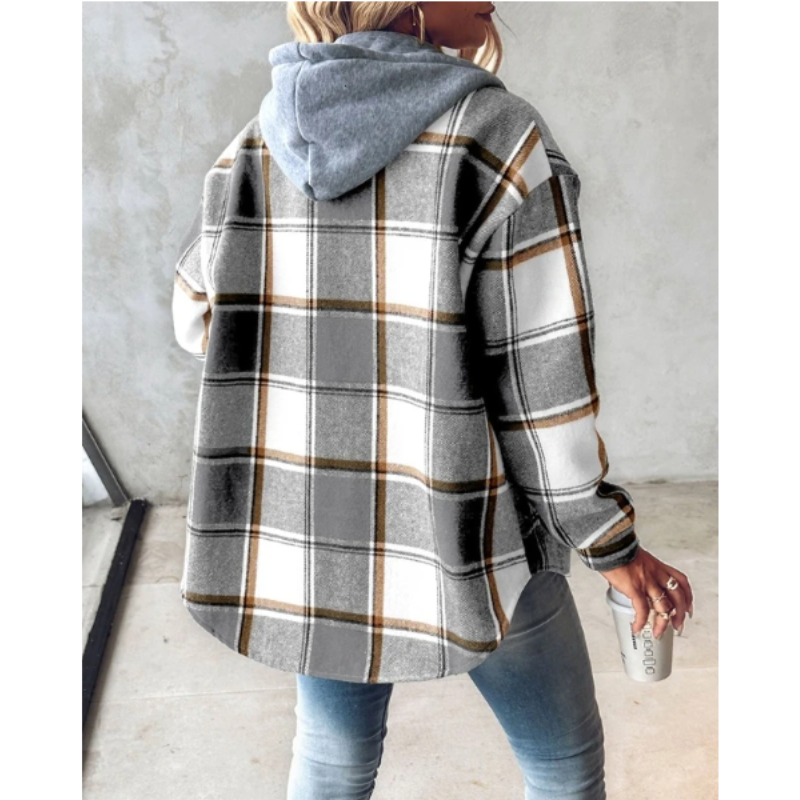 Norvielle Damen Winterhoodie Kariert Mit Knöpfen