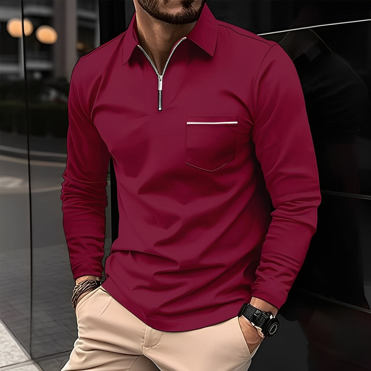 Herren Langarm-Polo Reißverschluss