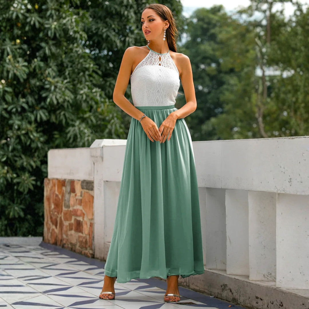 Damen Neckholder Maxikleid Hochzeitsgastkleid