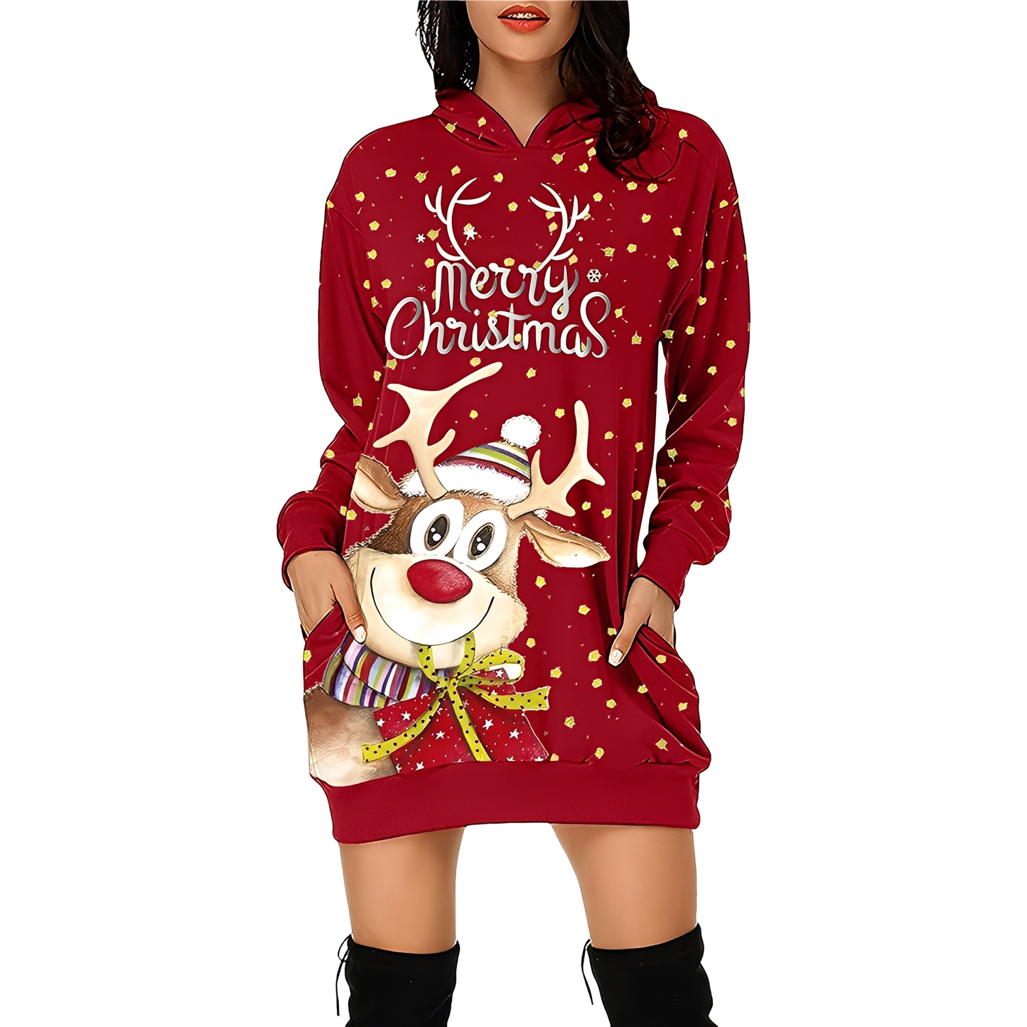 Damen Weihnachtskleid Kapuze Print