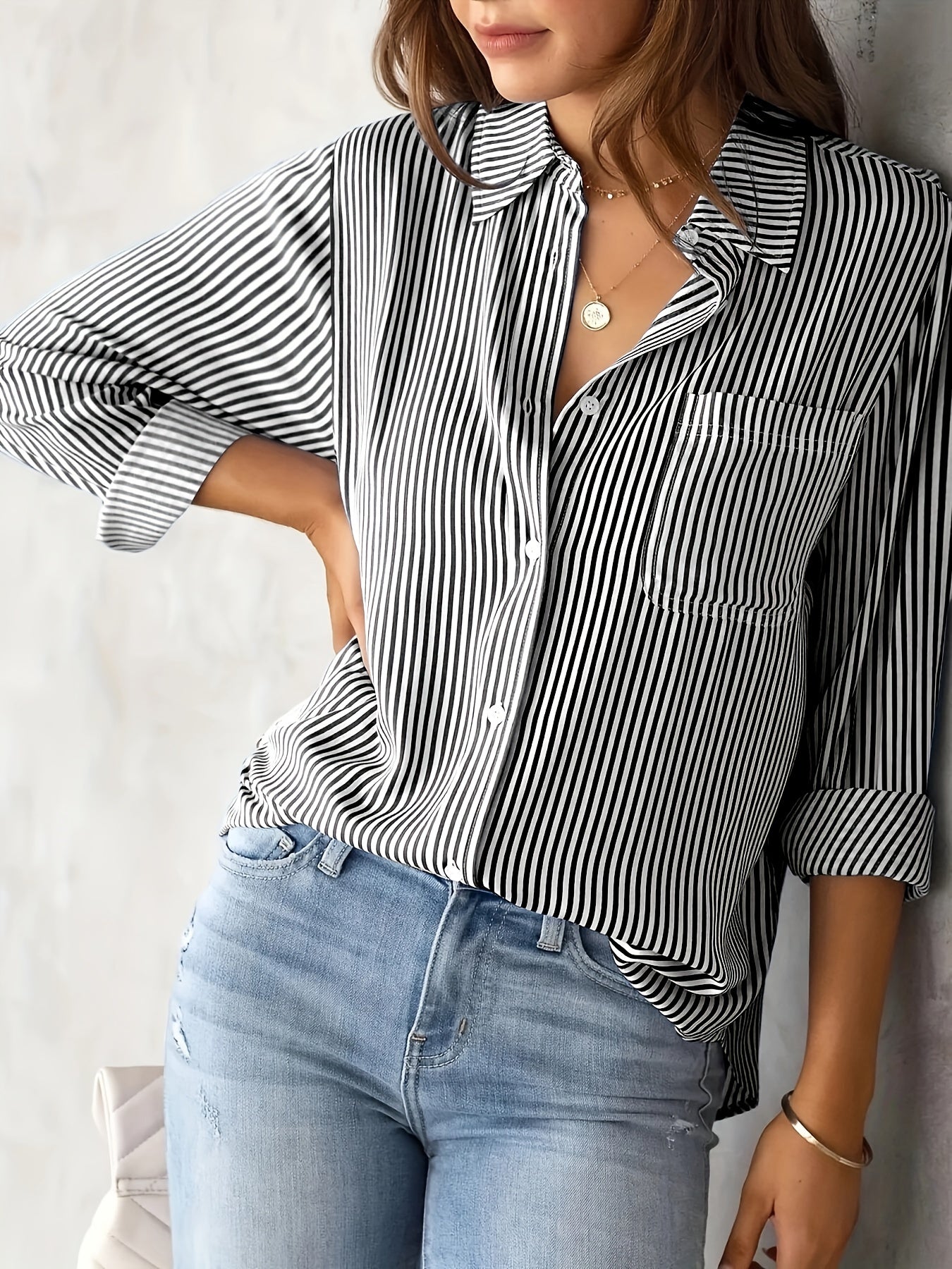 Damen Langarmshirt Streifen Baumwolle Relaxed Fit