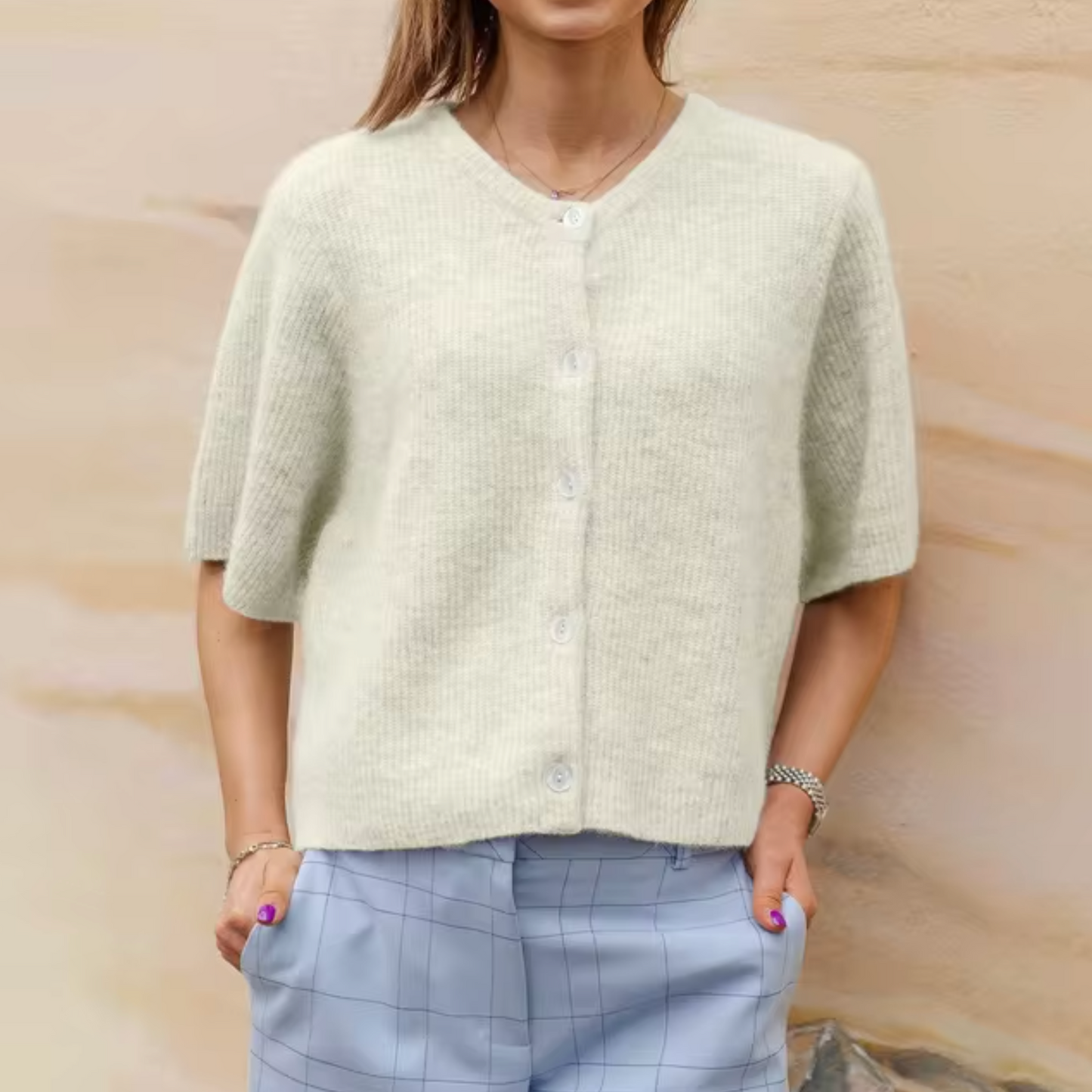 Damen Kurzcardigan Strick Knöpfe Beige