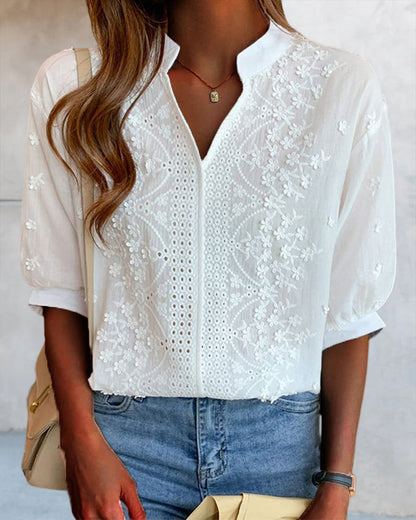 Norvielle Damen Bluse V-Ausschnitt Bestickt