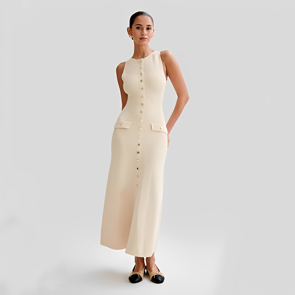 Damen Midikleid Lang Knöpfe Elegantes