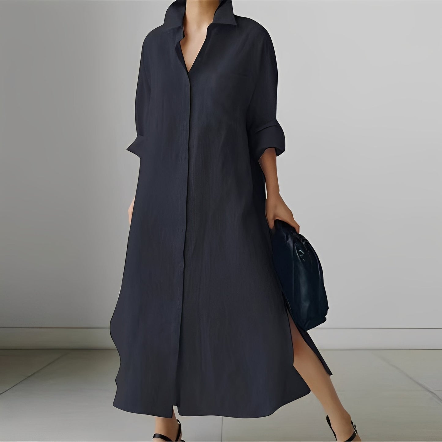Damen Leichtes Midi-Kleid Hemdblusenstil mit Schlitz