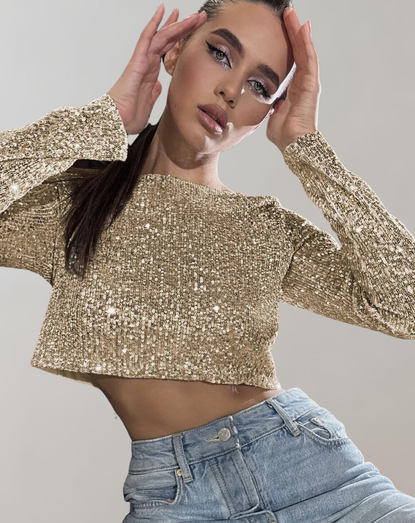 Damen Pailletten Crop Kurz Ärmel Glitzer