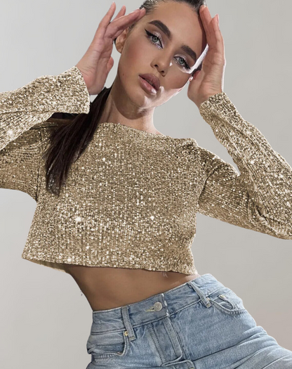 Damen Pailletten Crop Kurz Ärmel Glitzer