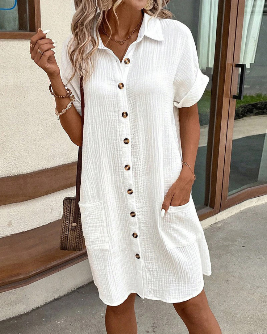 Damen Hemdkleid Sommer Kurzarm Einfarbig
