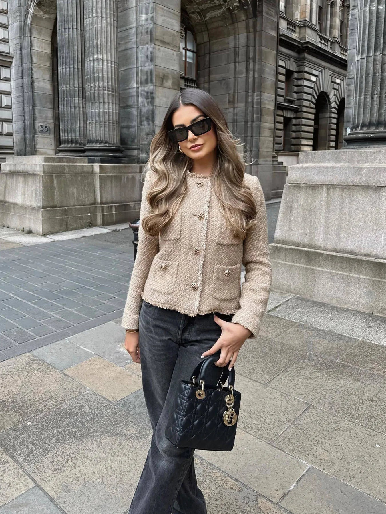 Damen Tweed-Jacke Elegantes Design Knopfleiste Beige