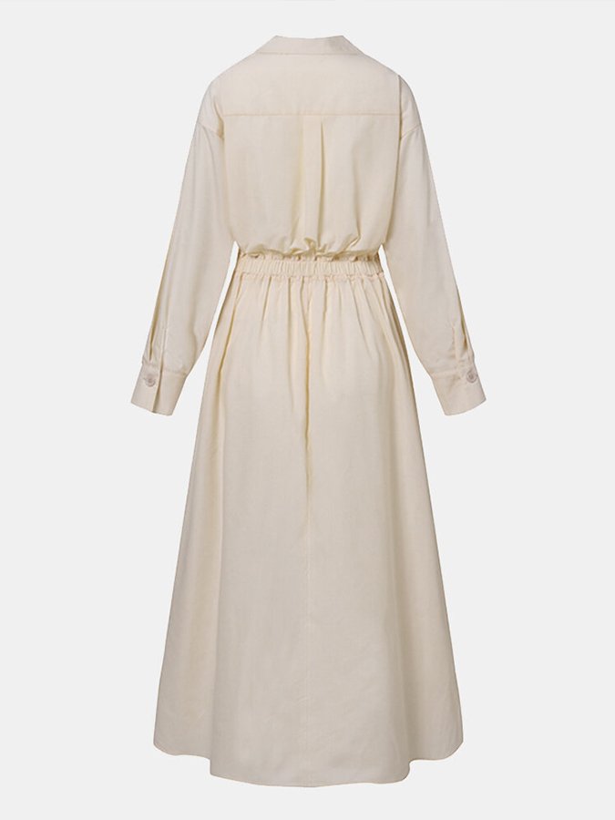 Damen Maxikleid Langarm Hemdkragen
