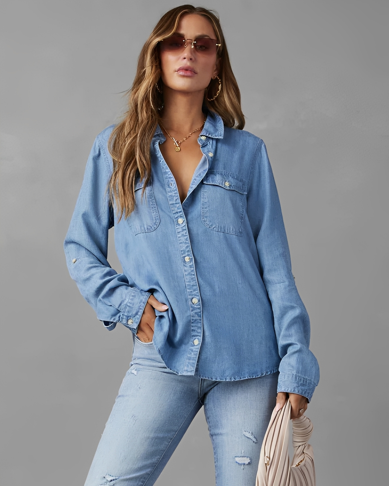 Damen Jeanshemd Langärmelig Klassisch