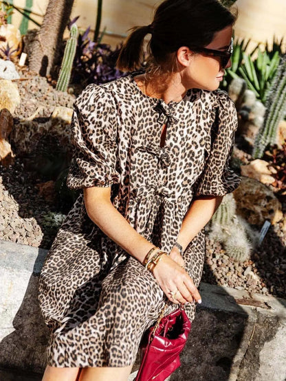Damen Leopardenkleid Kurze Puffärmel