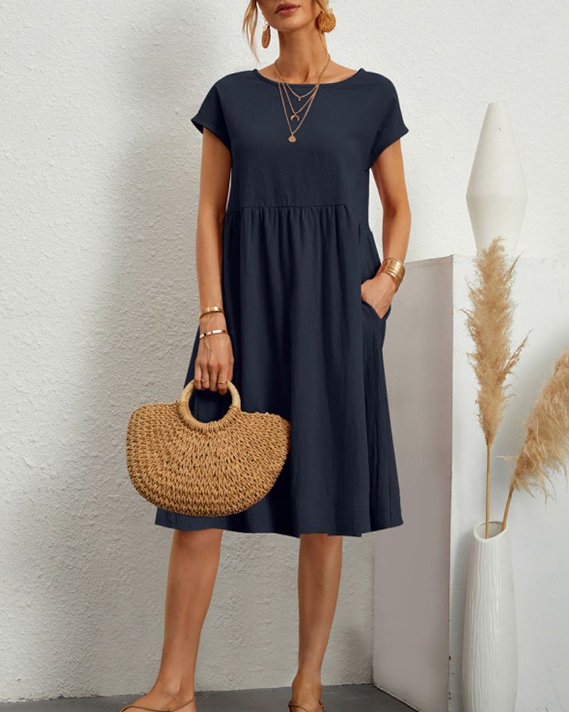 Damen Sommerkleid Uni-Farben Rundhalsausschnitt Kurzarm Midi-Länge - Norvielle