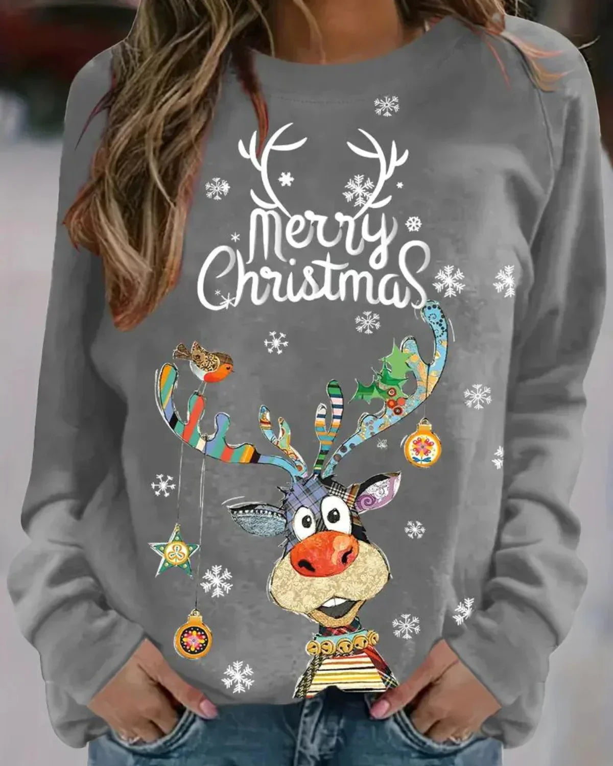 Damen Weihnachtspullover Rentier Motiv Warm