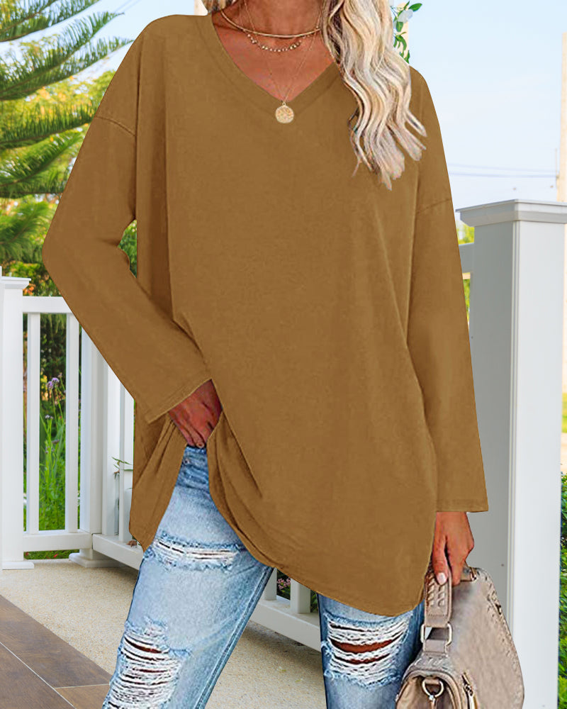 Norvielle Damen Langarm T-Shirt V-Ausschnitt Einfarbig