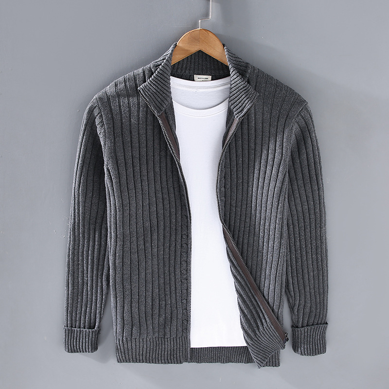 Herren Strickjacke Reißverschluss Gerippt Grün