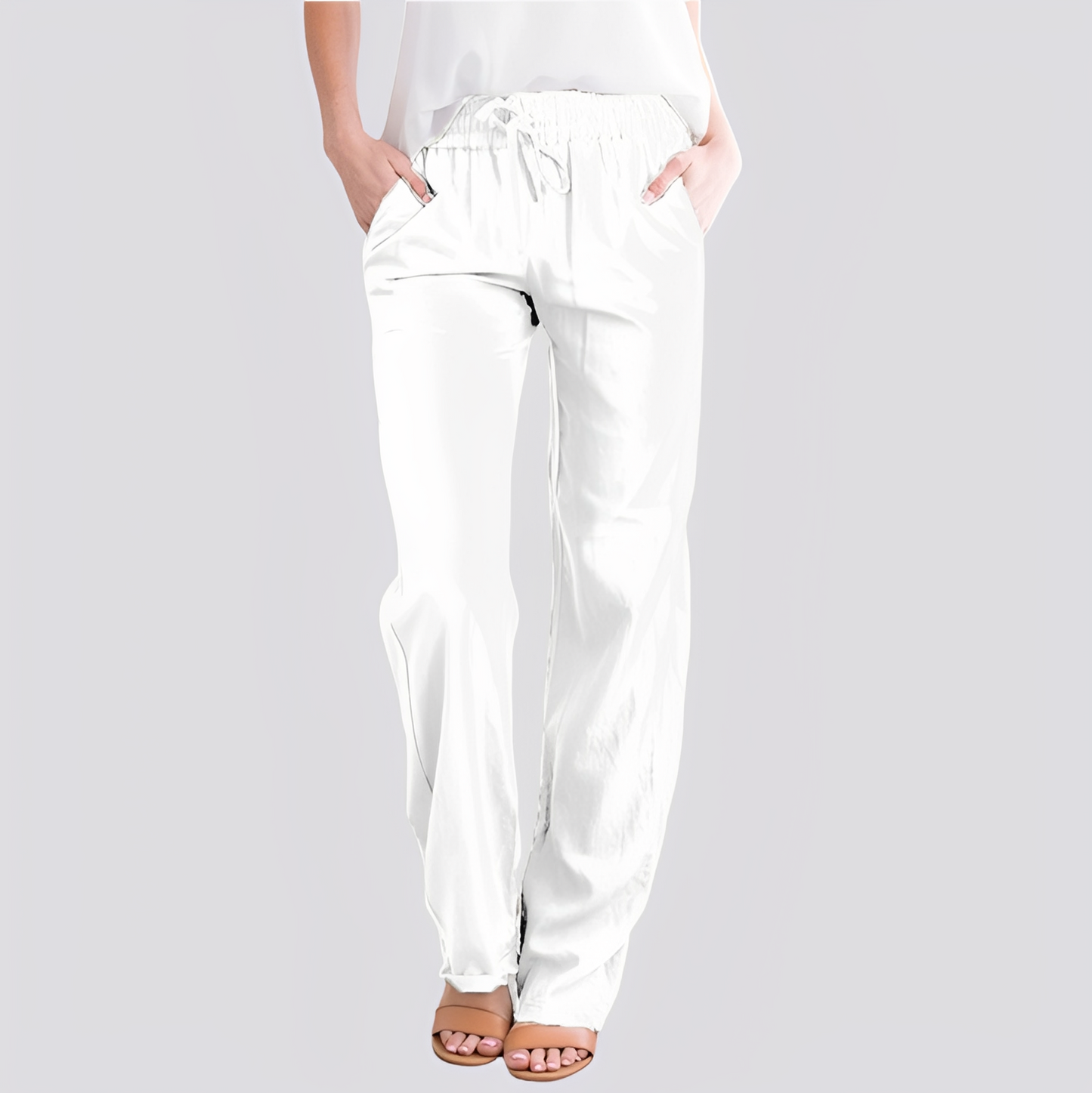 Damen Hose Elastischer Bund Leicht Beige