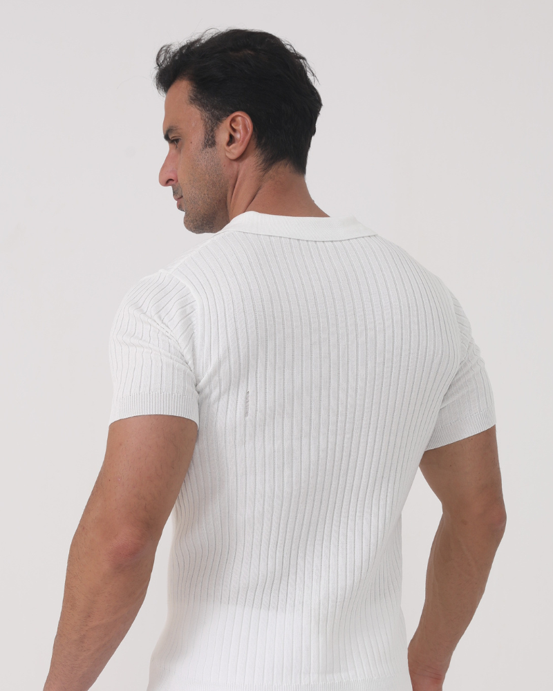 Herren Poloshirt V-Ausschnitt Ribstrick Weiß