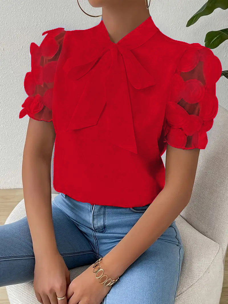 Damen Elegante Bluse Schleifendetail Durchsichtige Ärmel