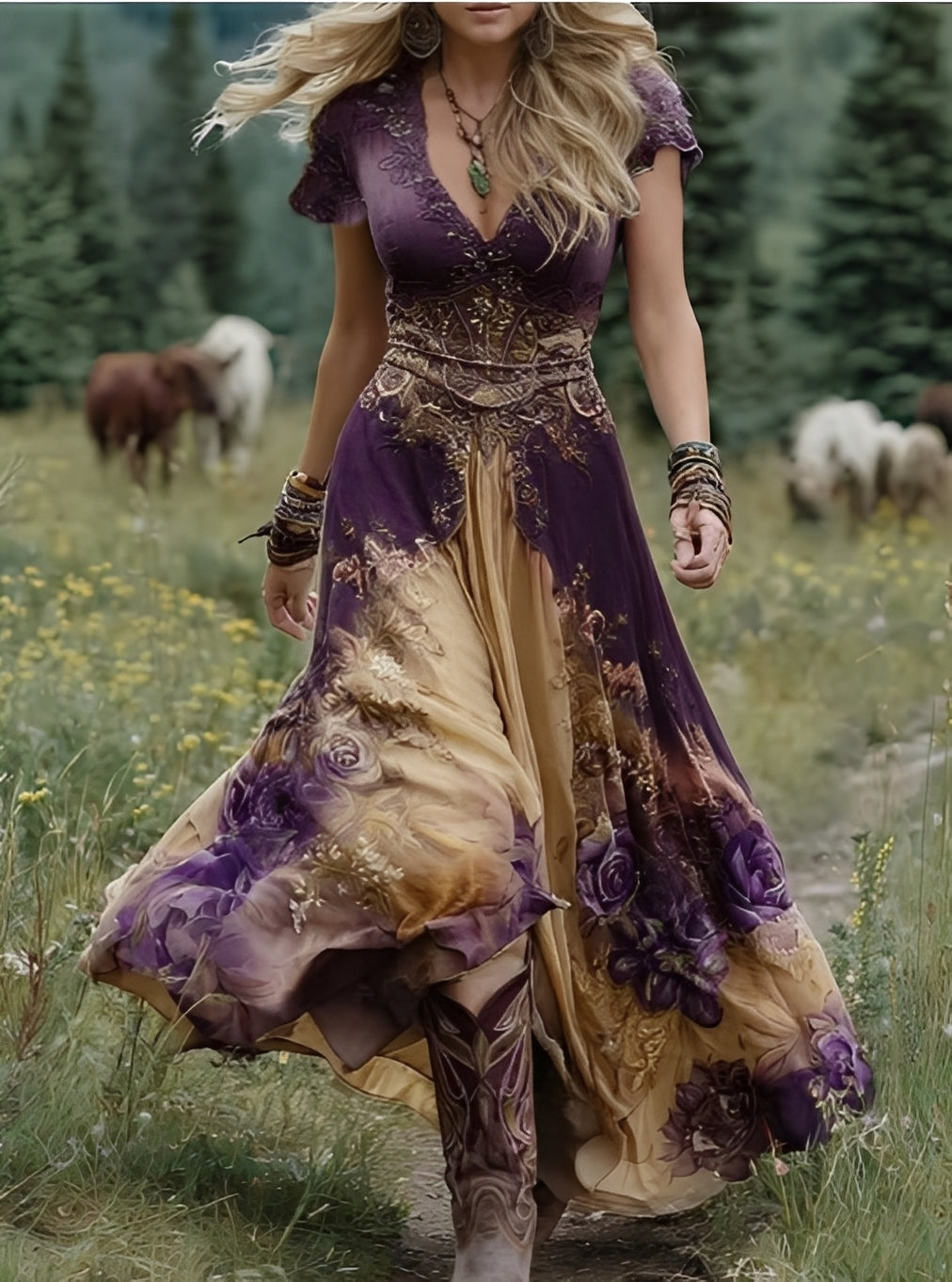 Damen Maxikleid Blumendesign Baumwolle Lang
