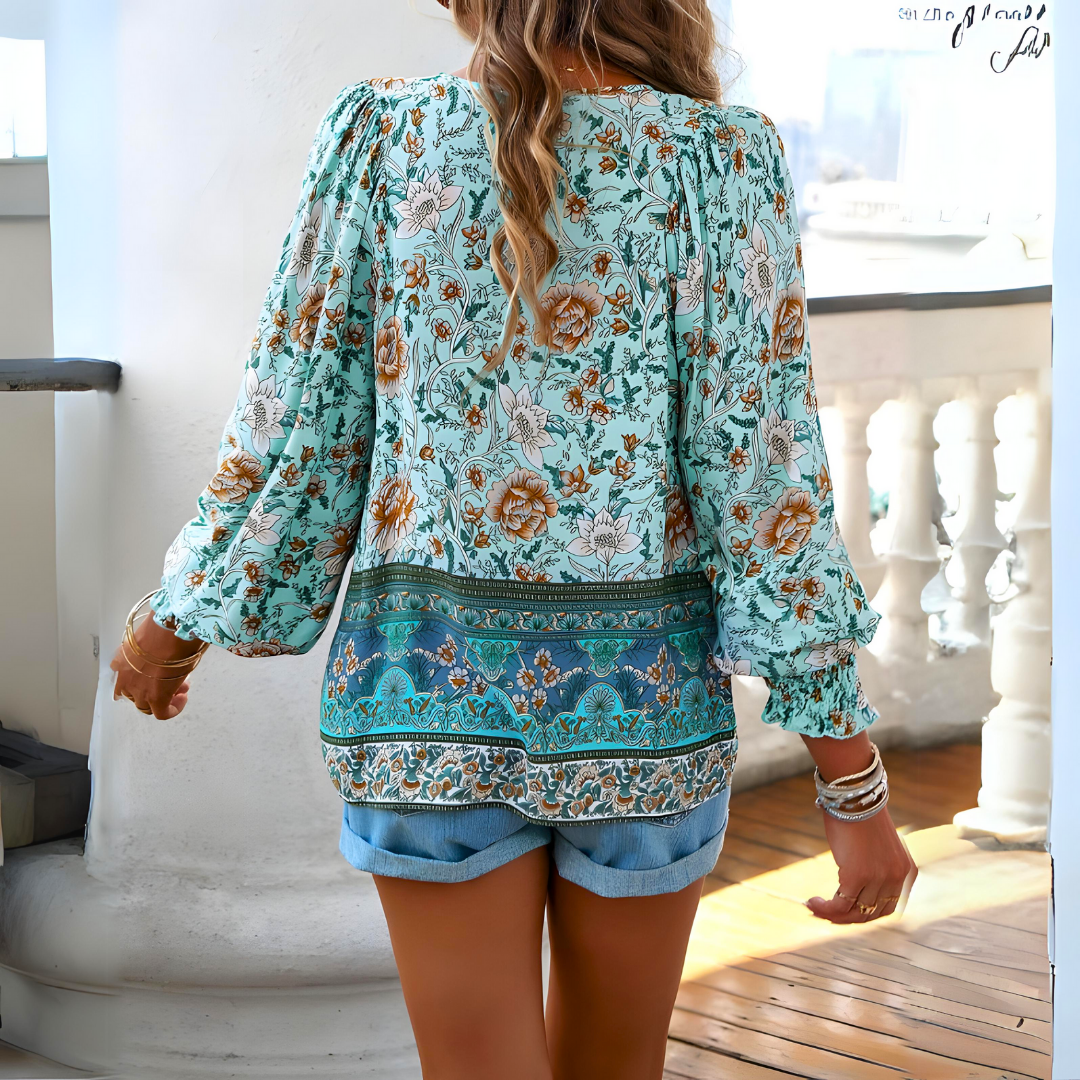 Damen Bluse mit Schleifenkragen und weiten Ärmeln Blumenmuster