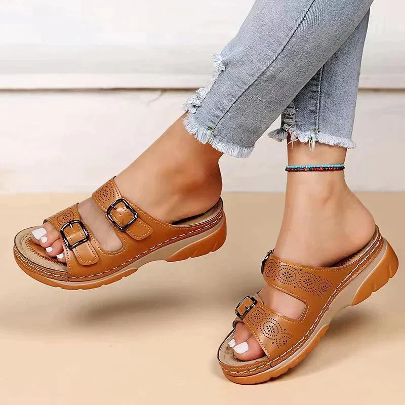 Damen Plateausandalen Doppelriemen Verstellbar Offen Schwarz - Norvielle