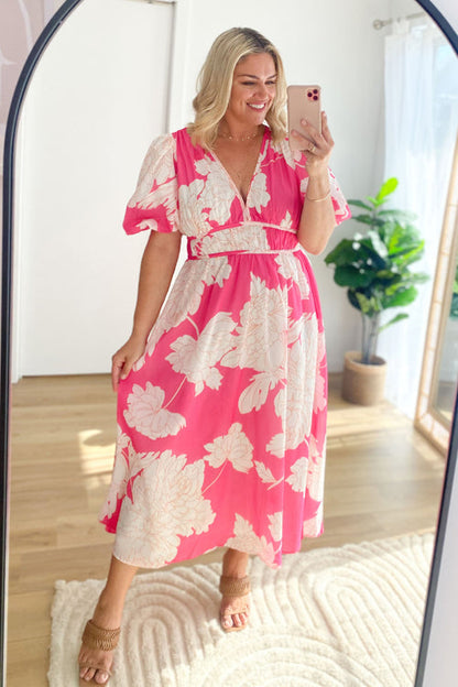 Norvielle Damen Maxi-Kleid Puffärmel Print