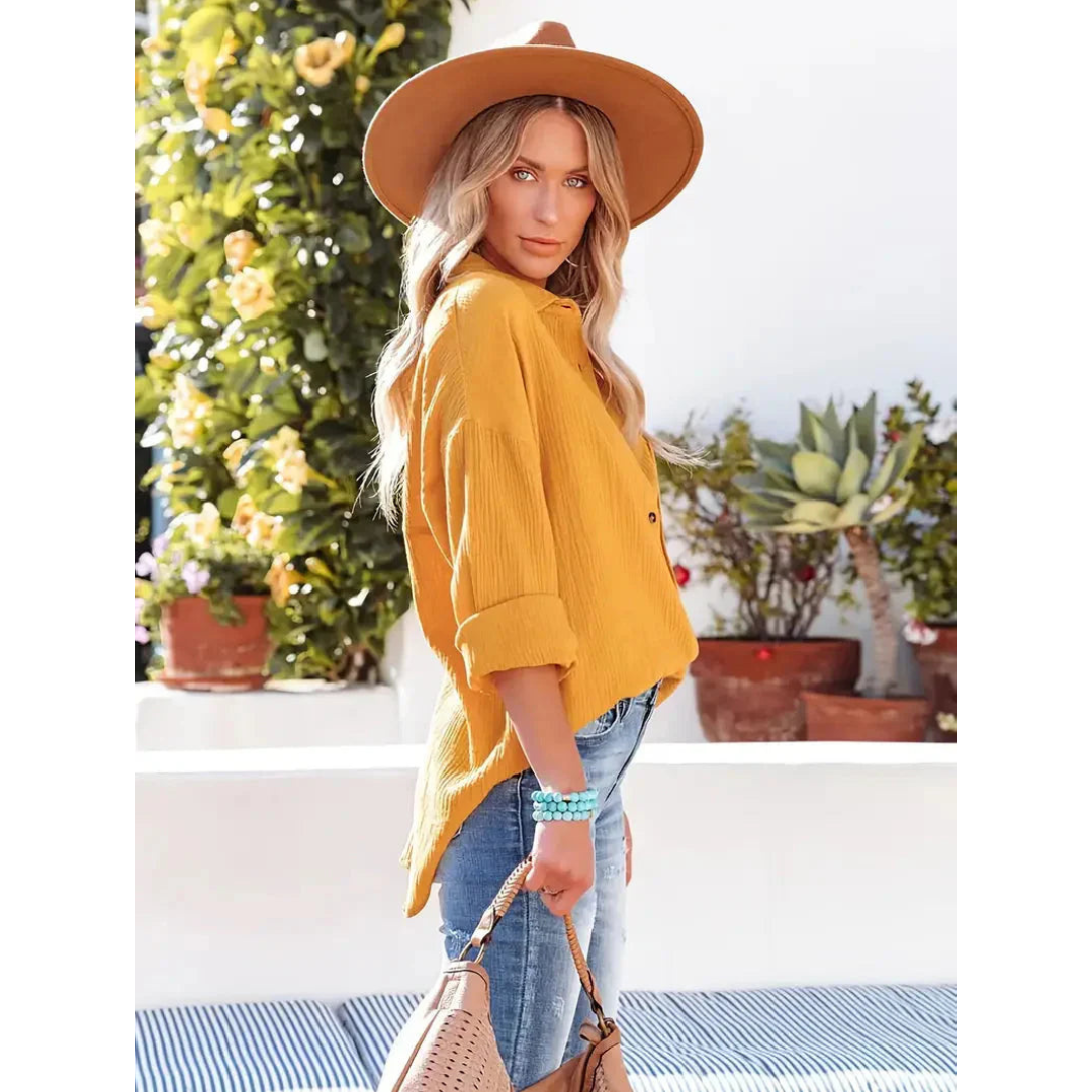 Damen Unifarben Bluse Knopfleiste Hemdkragen Langarm Elegante Bluse