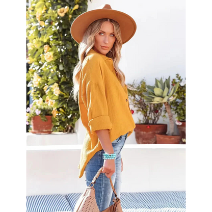 Damen Unifarben Bluse Knopfleiste Hemdkragen Langarm Elegante Bluse