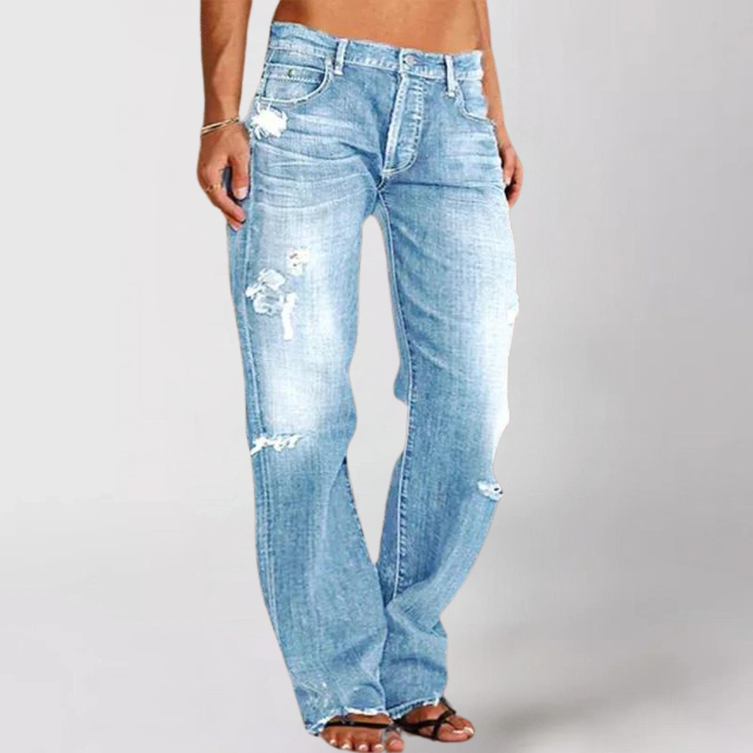 Damen High-Waist Straight Jeans Destroyed dunkelblau